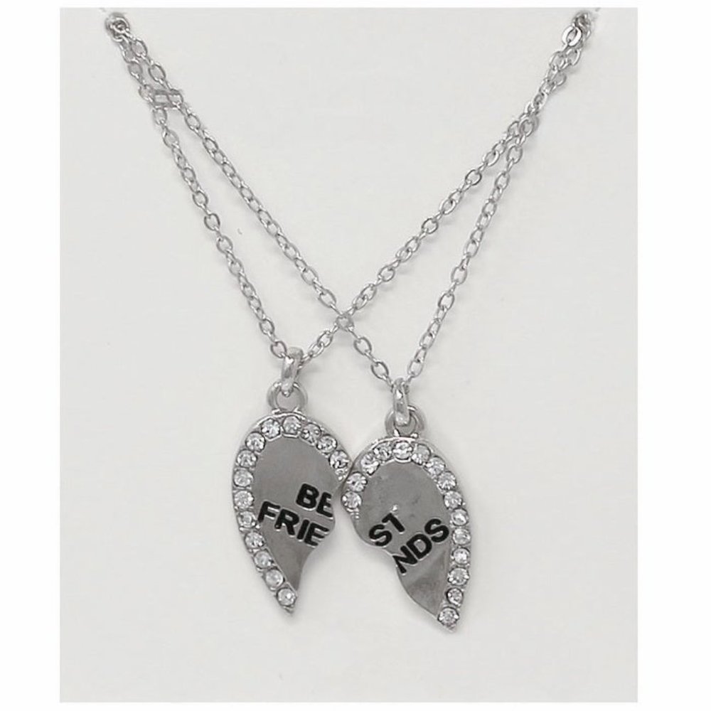 Set of 2 Best Friends Hearts Silver Rhinestone Necklaces NEW